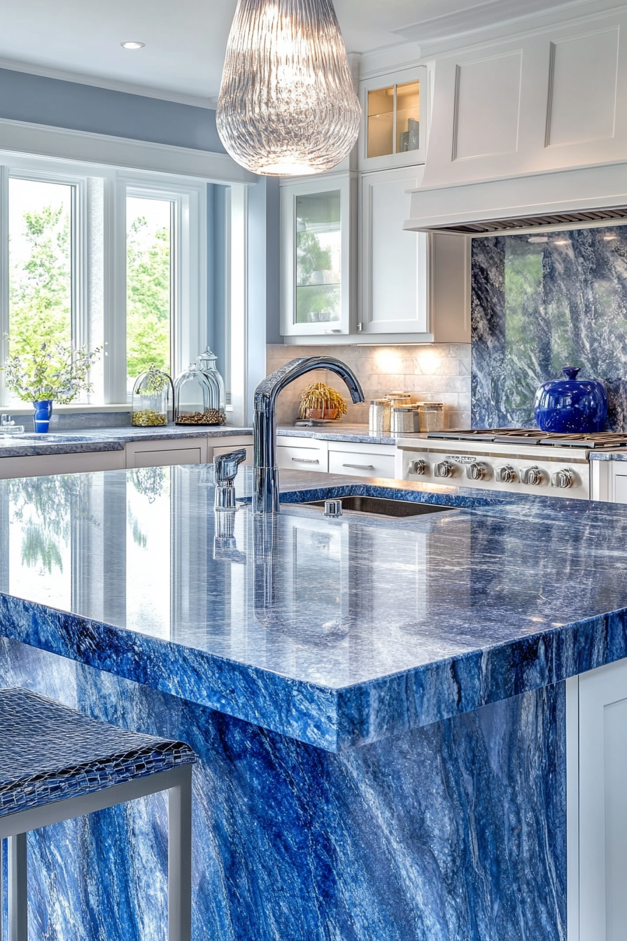 Modern kitchen. Blue marble countertops, white cabinets.