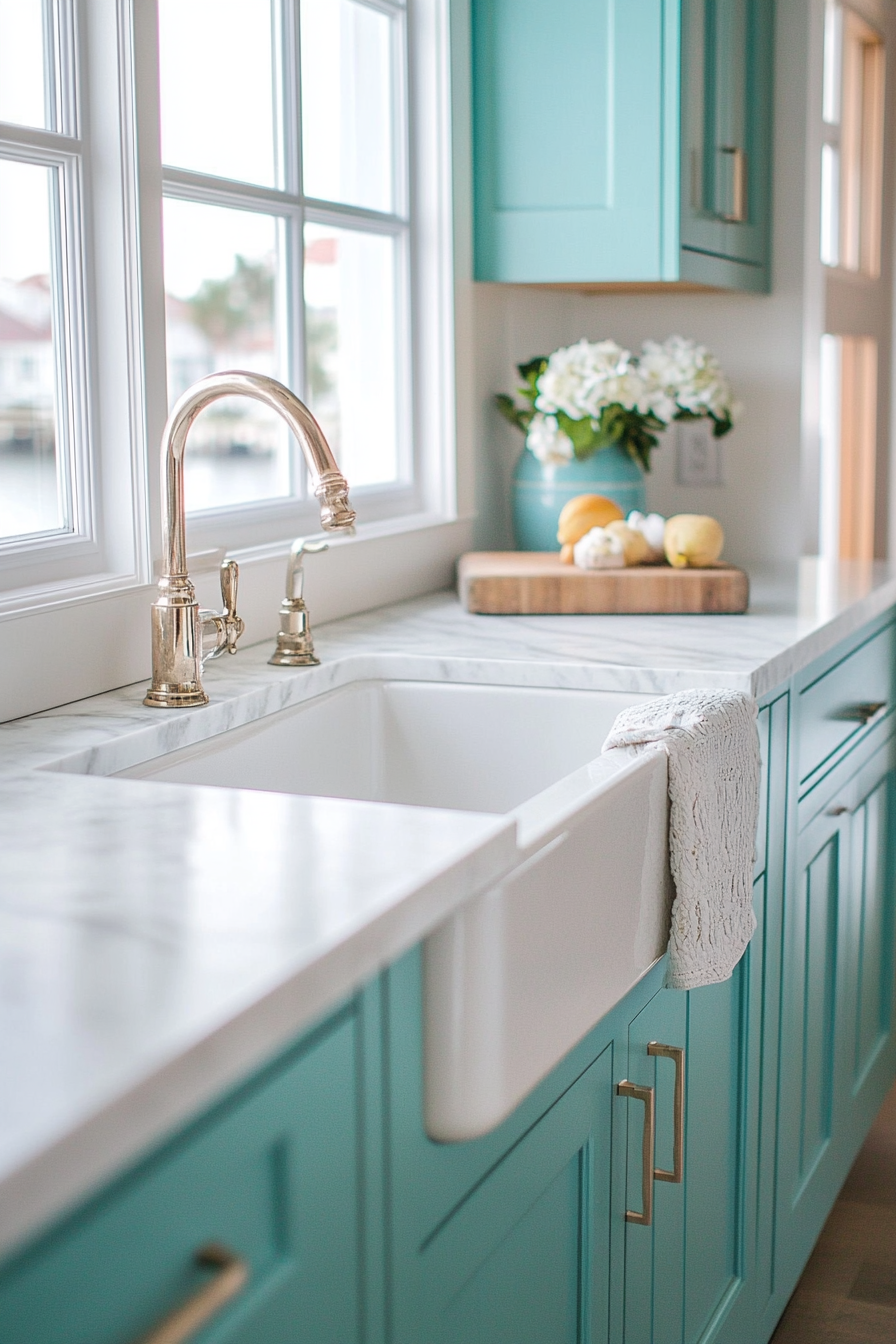 Coastal-themed, vintage kitchen. Turquoise cabinets and white marble countertops.