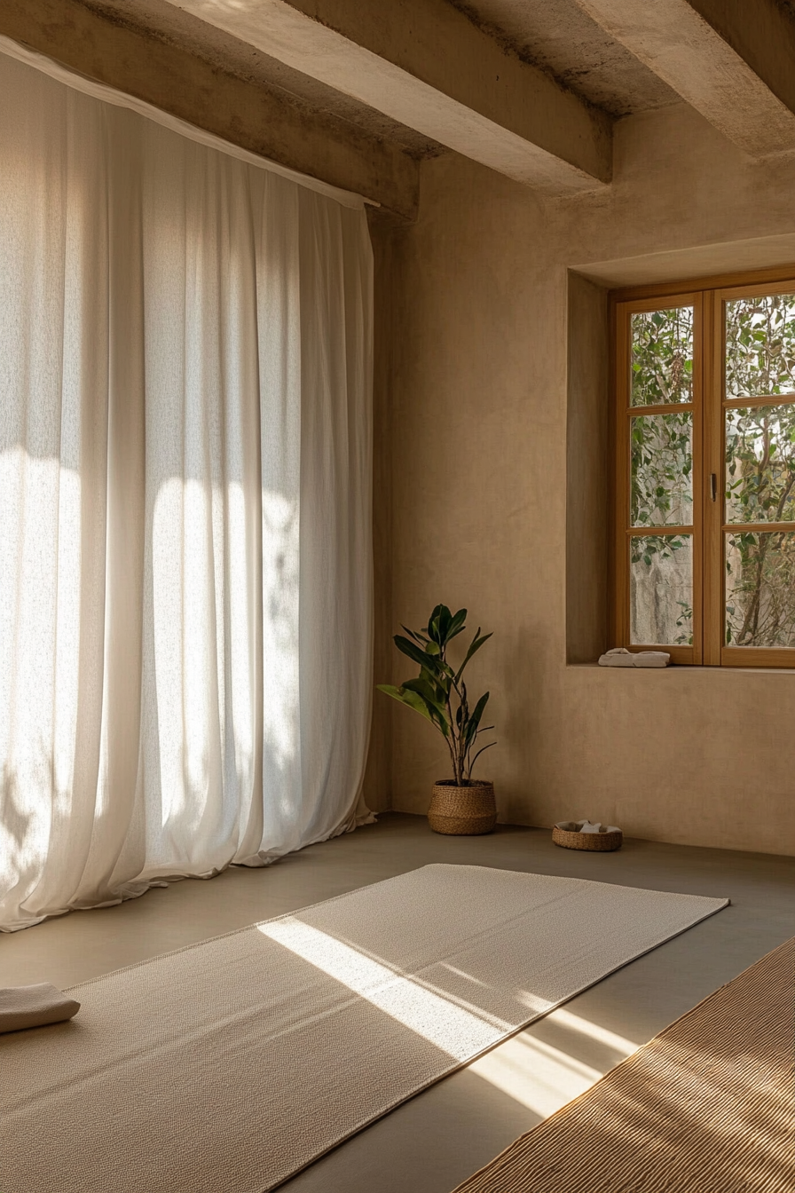 Japandi home yoga studio. Bamboo mat, minimalist furnishings, neutral-toned walls.