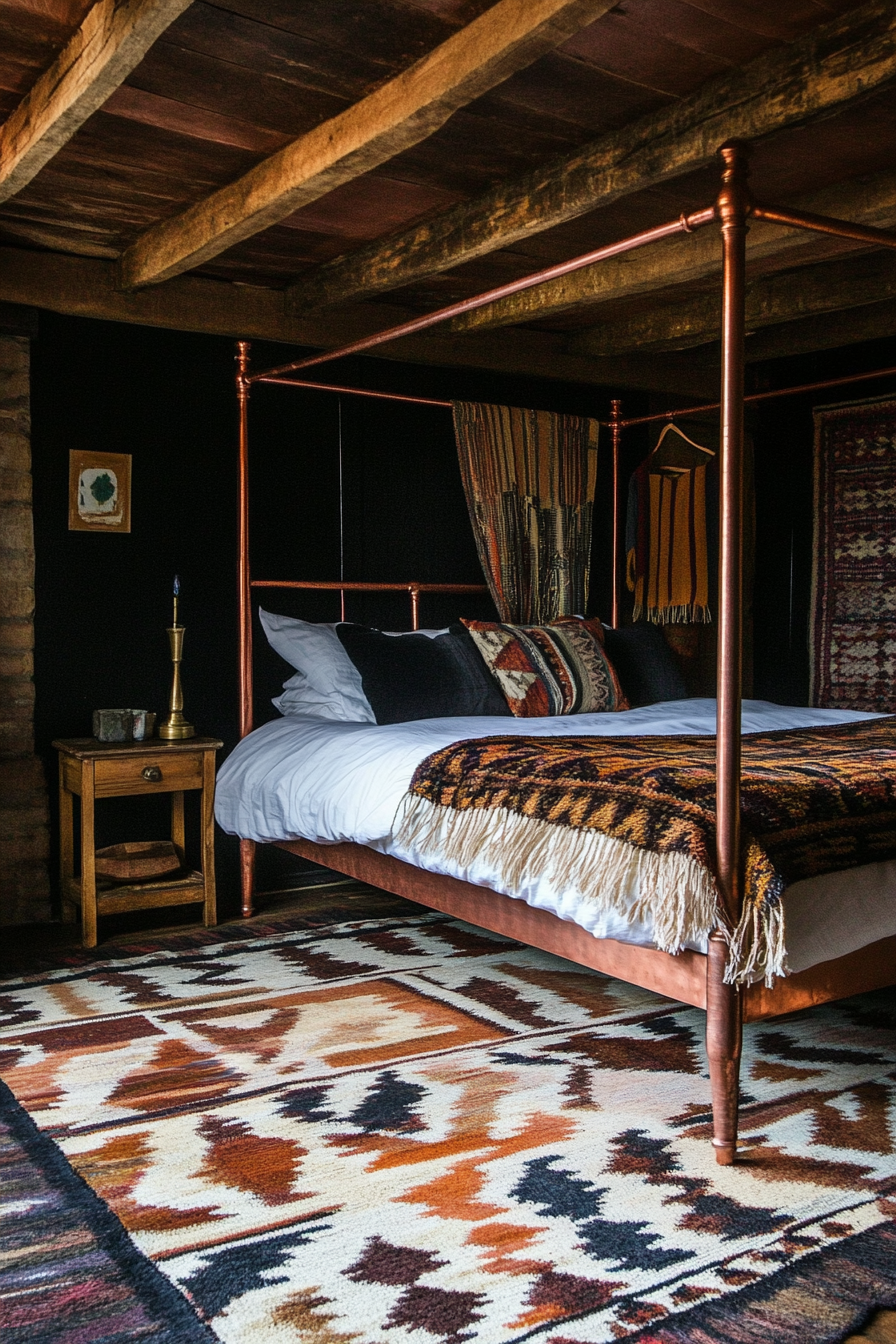 Fall bedroom. Copper-canopied bed, geometric rug, reclaimed wooden furniture.