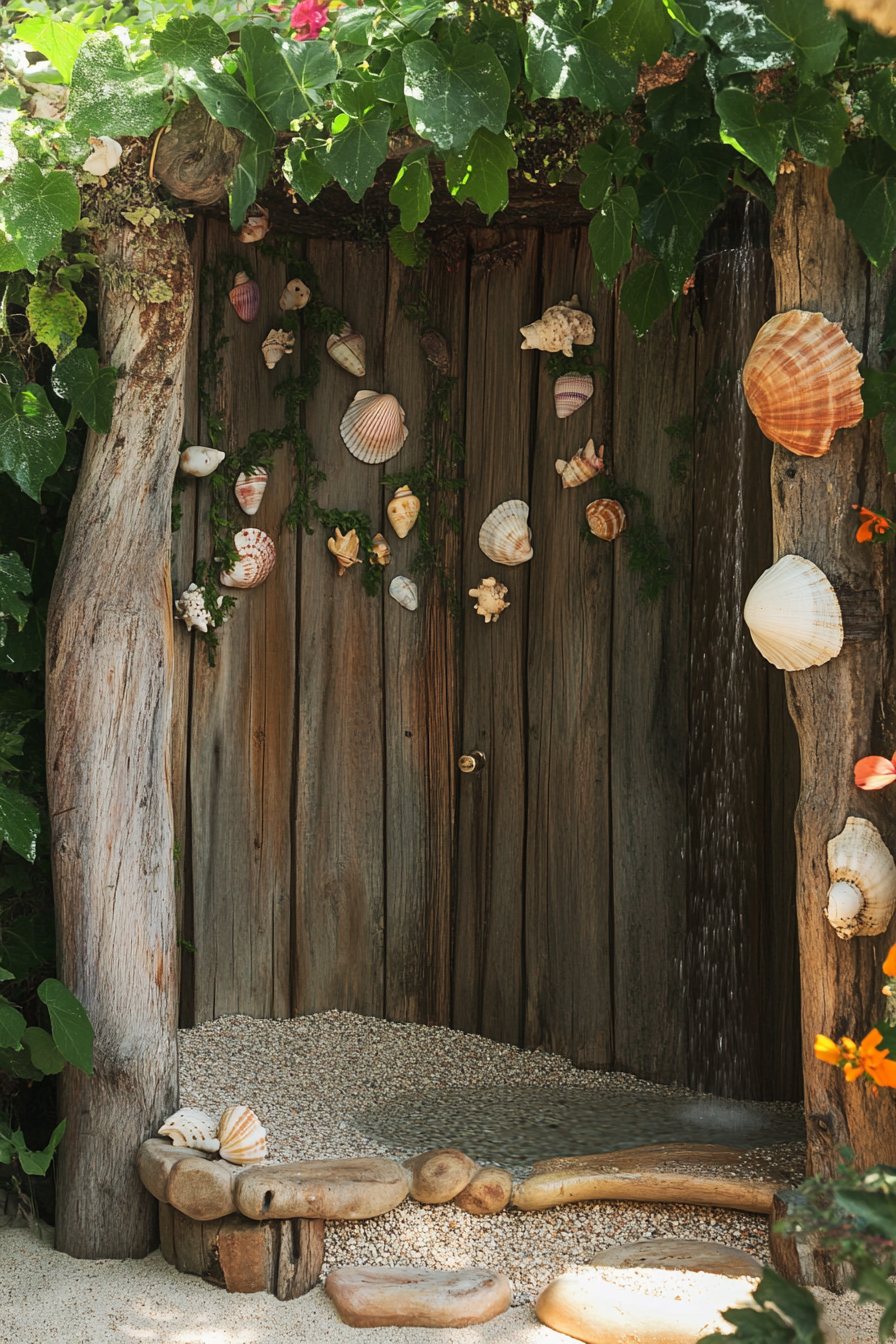 Outdoor shower setup. Driftwood shower corner with seashell embellishments.