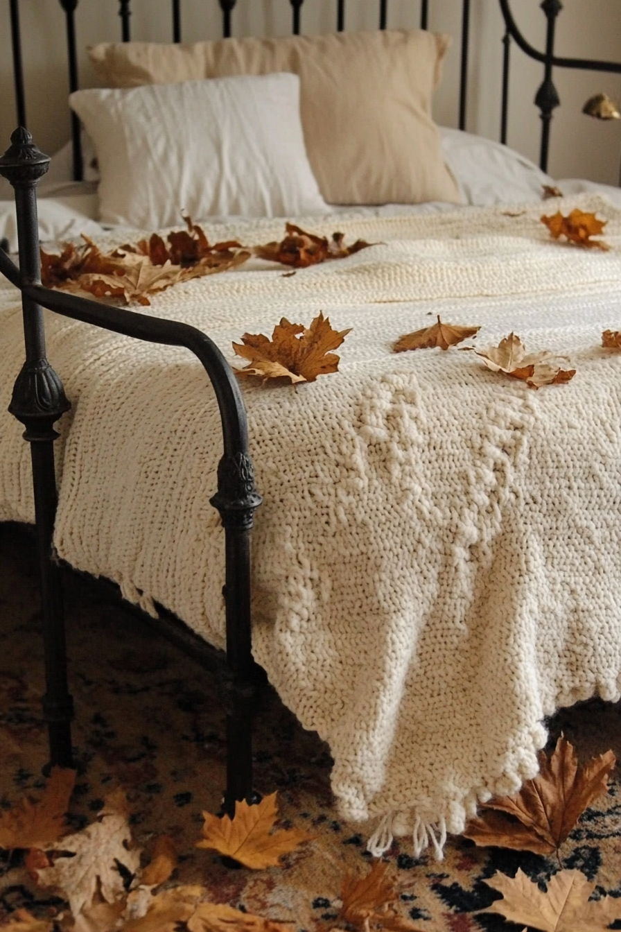 Fall bedroom. Wrought iron Bed adorned with soft ivory woolen throw and dried autumn leaves.