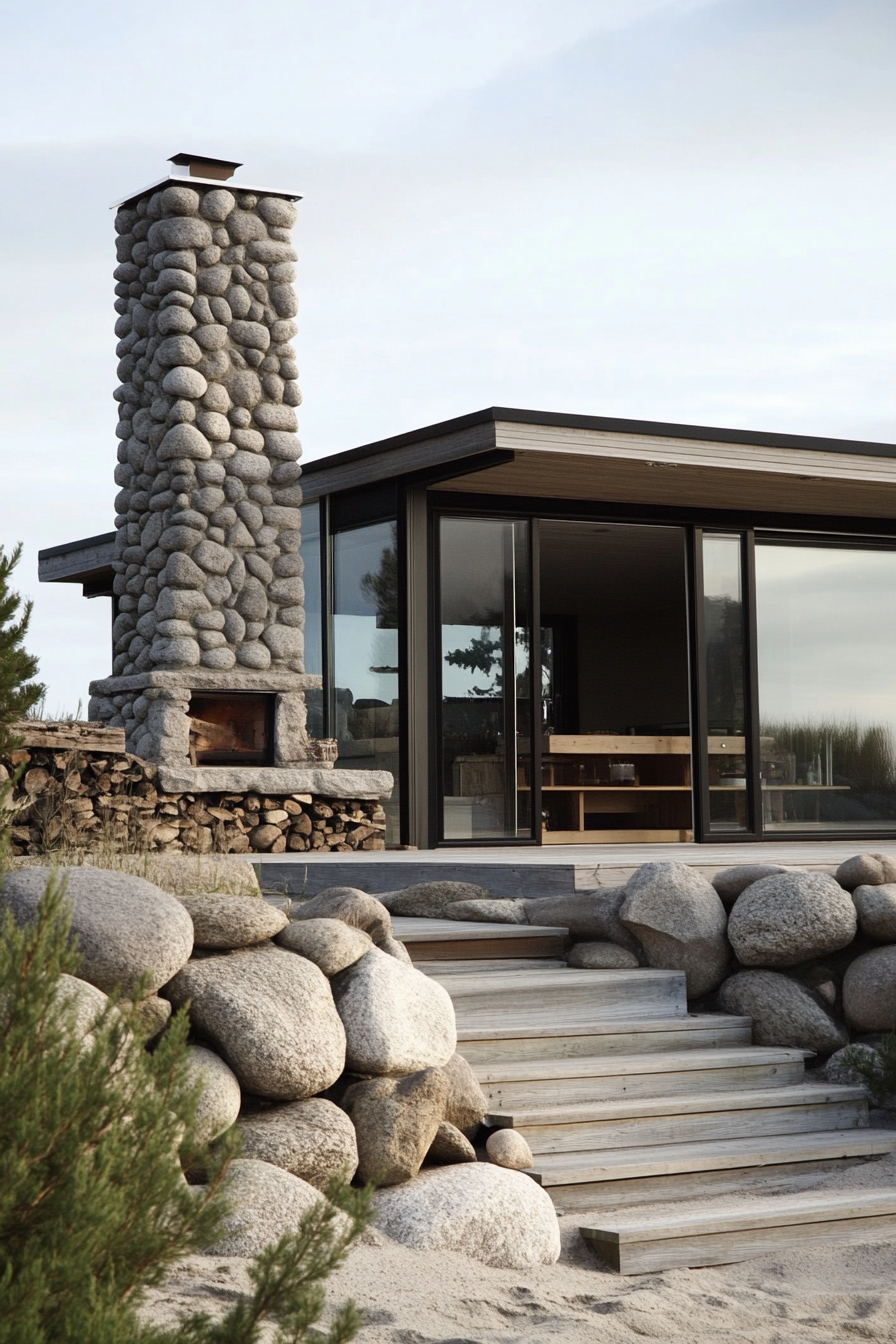 Compact beach house. Clear glass walls and stone chimney.