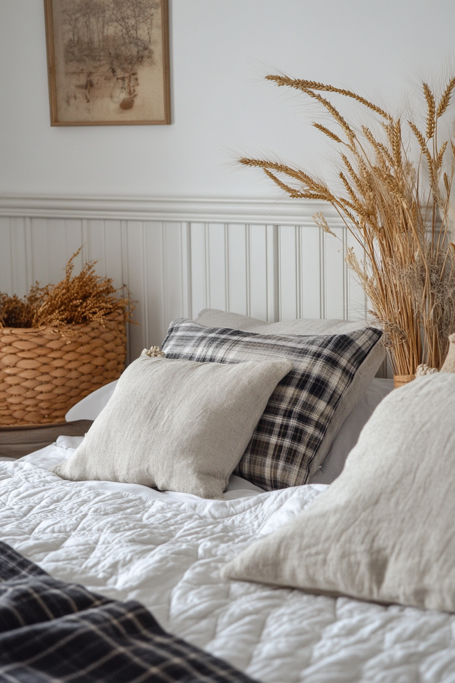 Fall bedroom. Antiquated quilt, grey plaid throw pillow, dried wheat stalk bouquet.