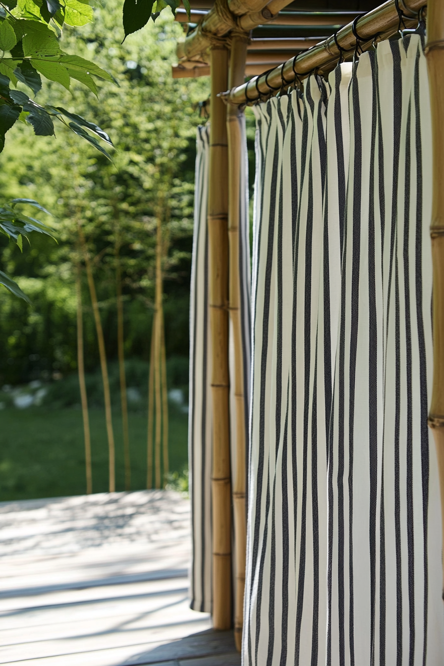 Outdoor shower setup. Regatta stripe shower curtain on bamboo poles.