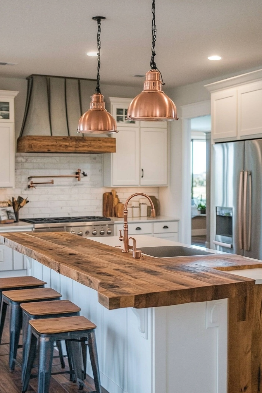 Farmhouse kitchen. Copper pendant lights above reclaimed wood island.