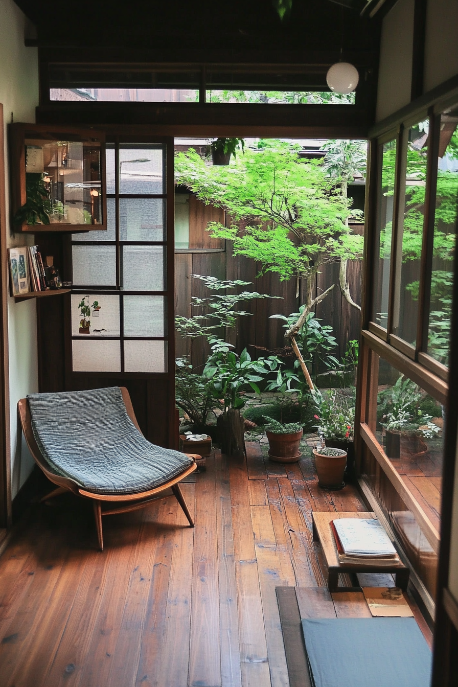 Tiny home interior. Tatami mat floor with Danish lounge chair.