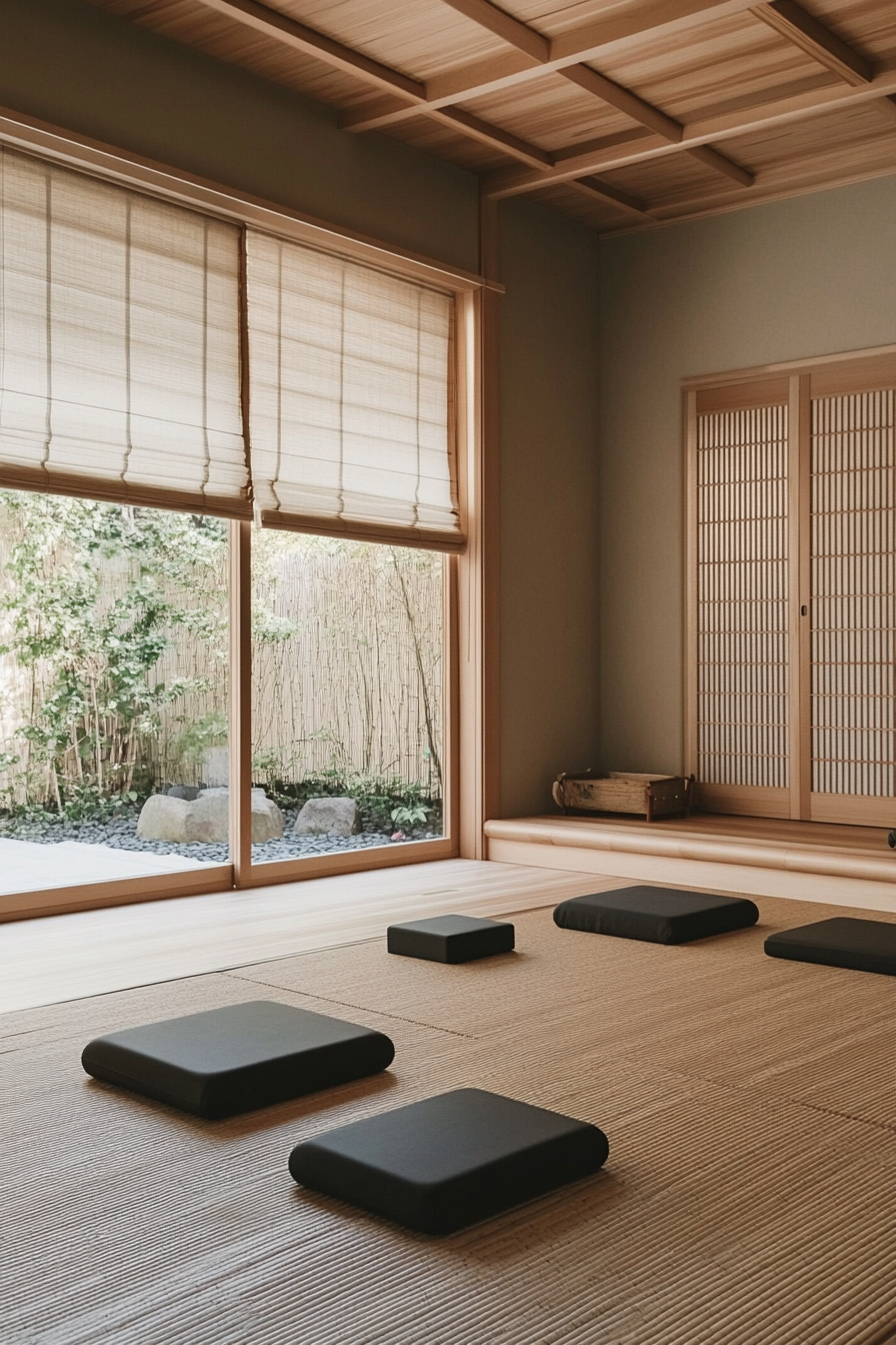 Japandi home yoga studio. Bamboo floor mats, black minimalistic yoga blocks.