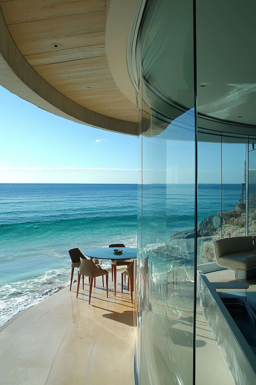 Compact beach house. Glass walls facing curvature of the turquoise wave horizon.