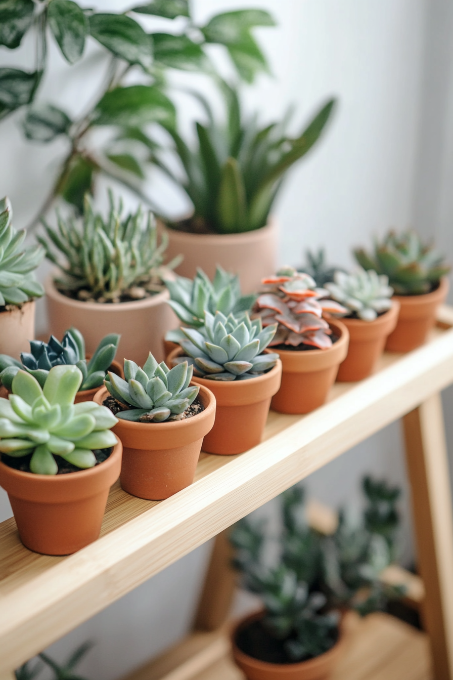 Japandi Home Yoga Studio. Minimalist bamboo shelf with assorted succulents.