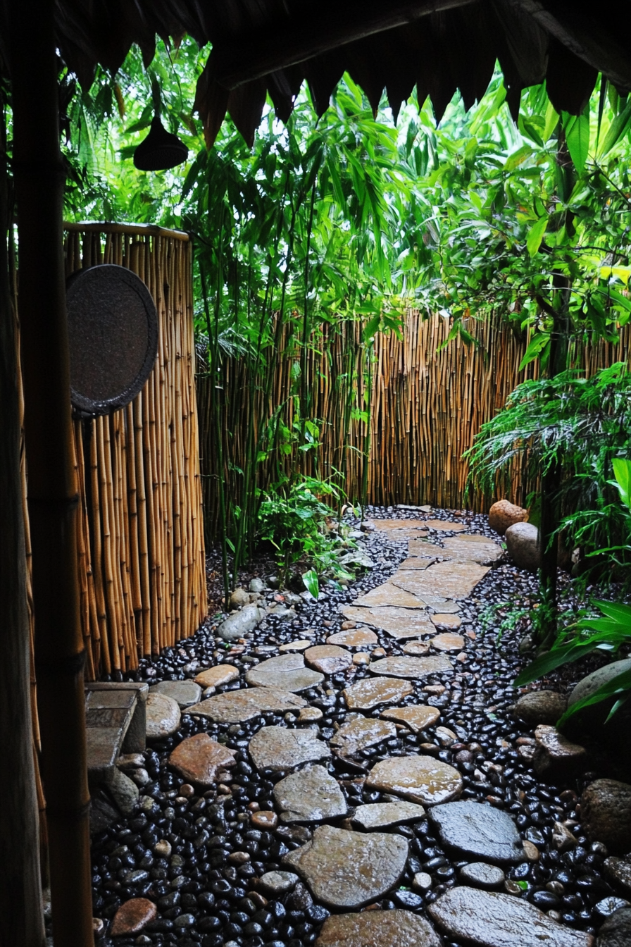 Outdoor shower setup. Cobblestone pathway leading to a bamboo enclosure.