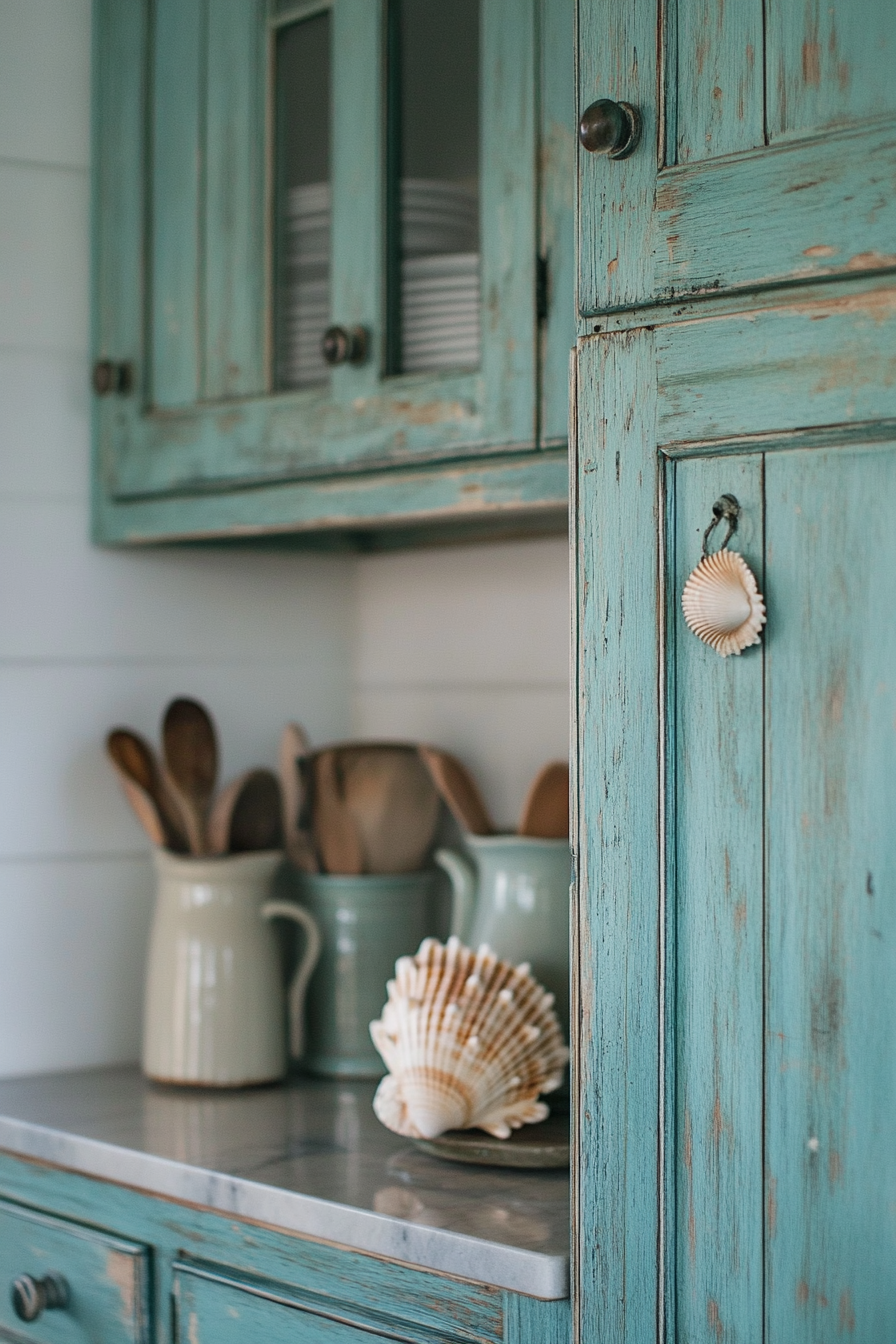 Coastal-themed vintage kitchen. Distressed turquoise cabinets with seashell knobs.