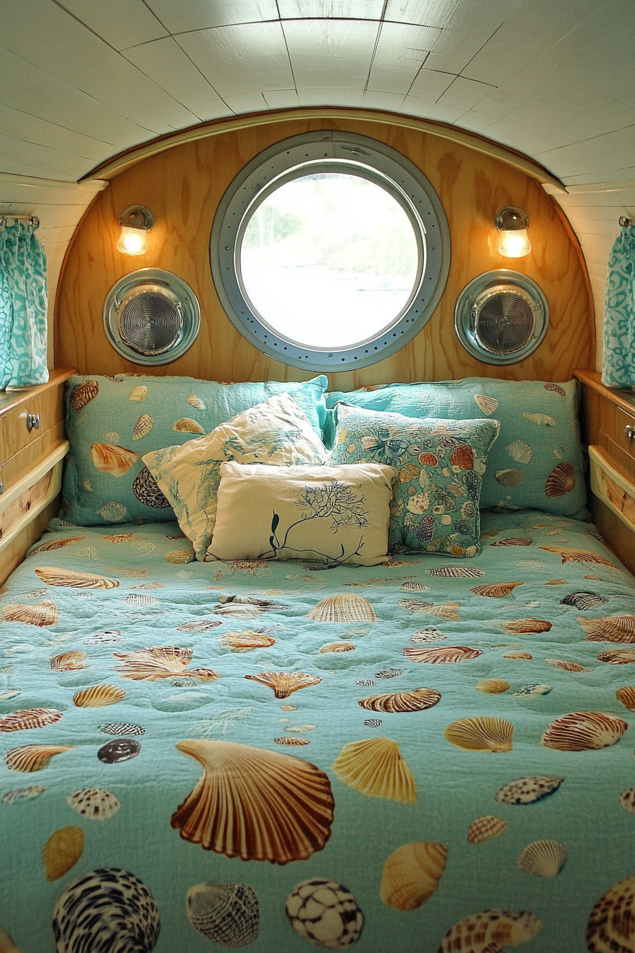 Serene ocean-themed camper sleeping area. Turquoise bedding, seashell patterns, porthole windows.