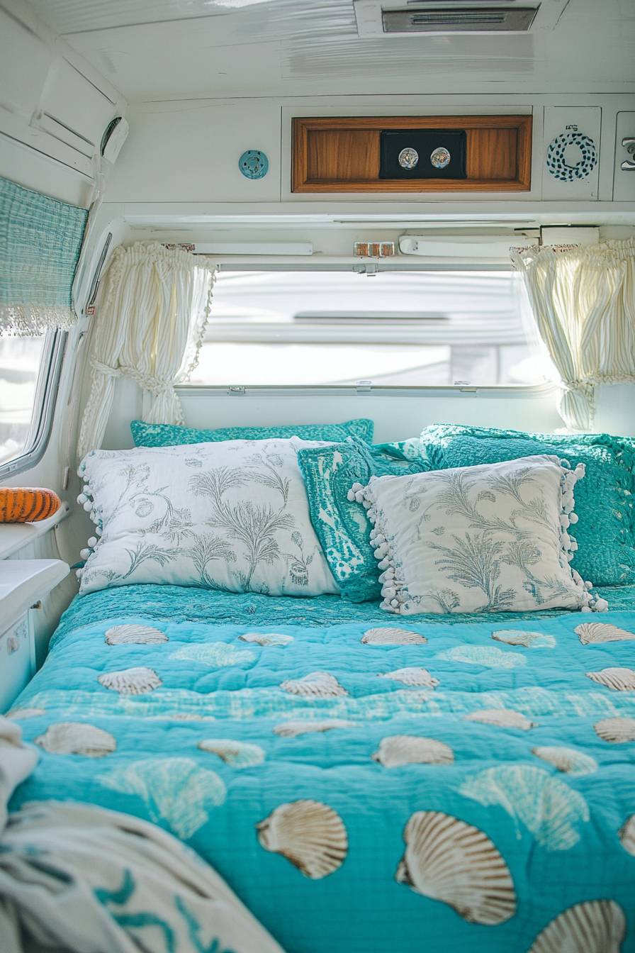 Ocean-themed sleeping area in camper. Turquoise bedding with white shell-patterned throw pillows.