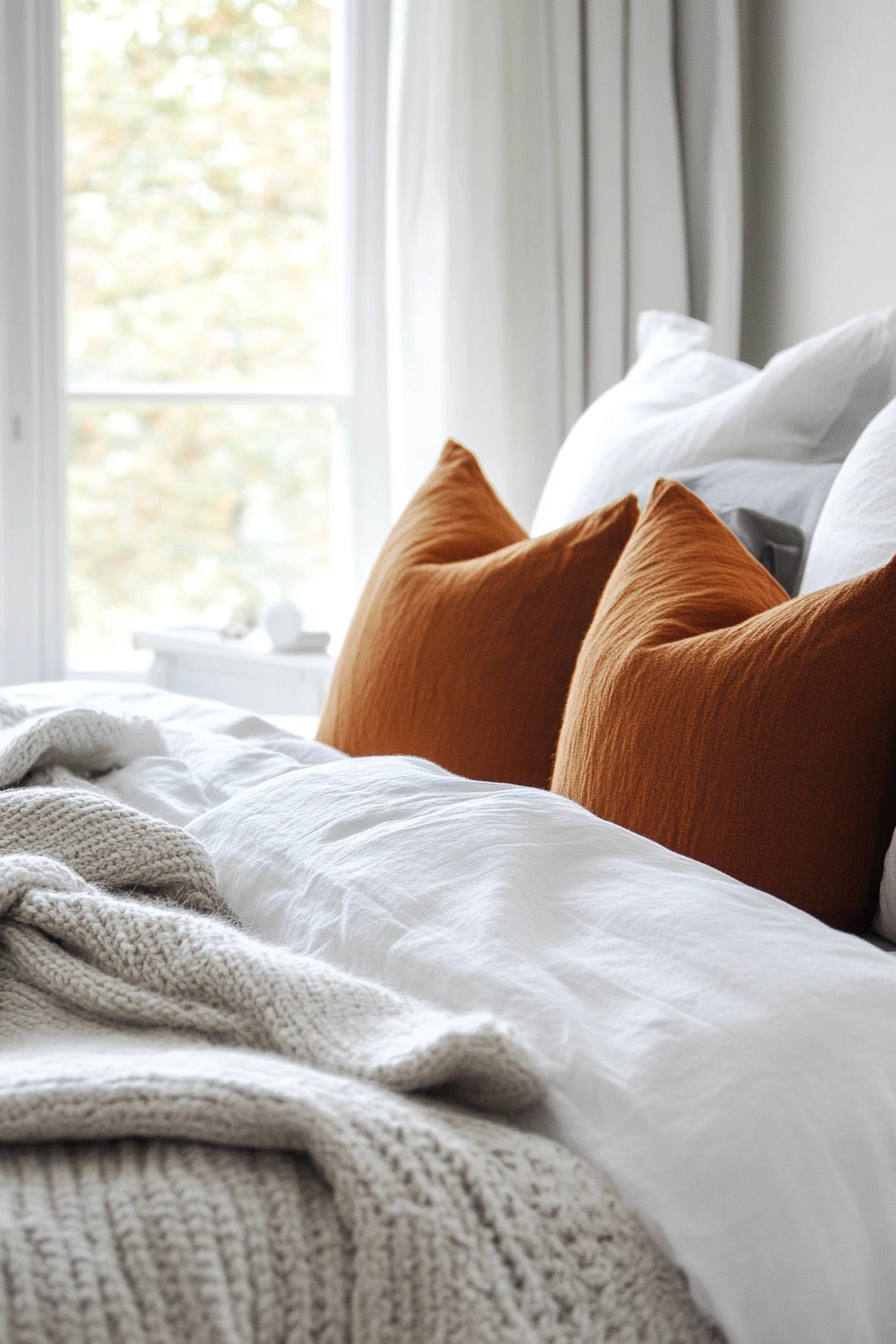 Fall bedroom. Crisp white bedding with warm-toned throw pillows.