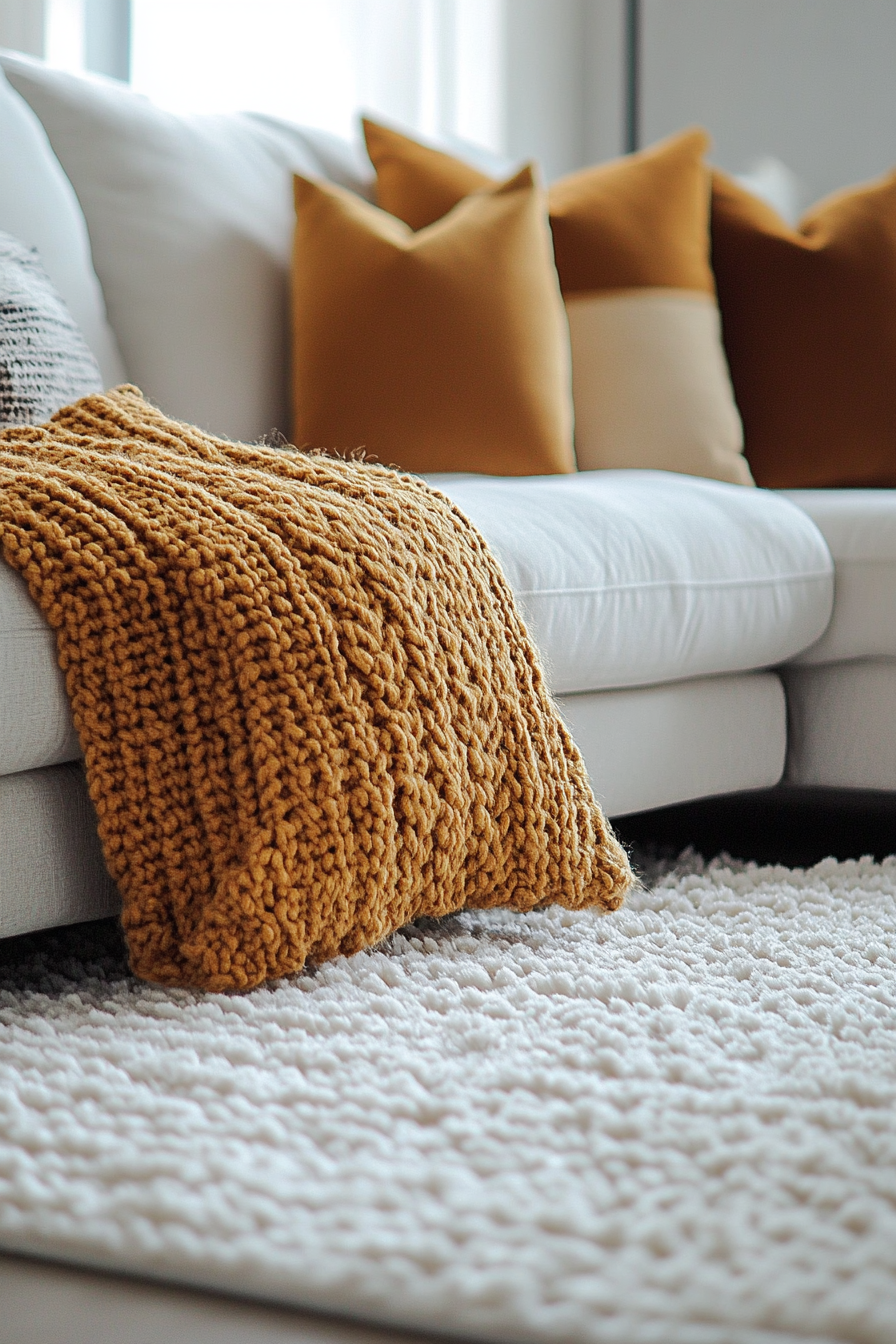 Fall living room. White plush rug with ochre knit throw pillows.