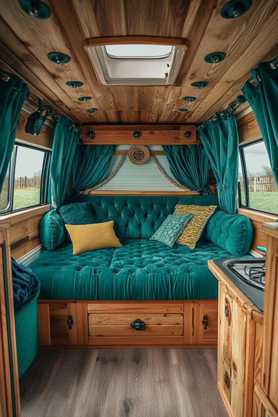 Camper van interior. Teal upholstery with blonde oak accents.