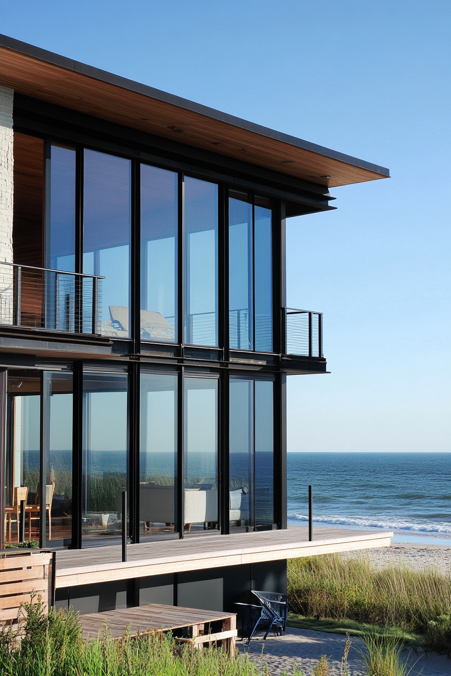 Compact beach house. Modern design with ocean-blue accents and floor-to-ceiling glass windows.