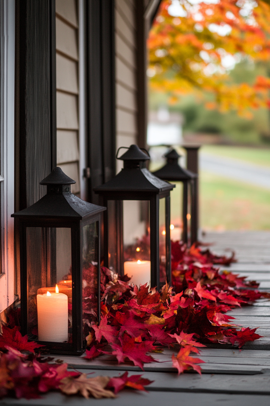 Fall porch. Rustic lanterns amid crimson maple leaves.