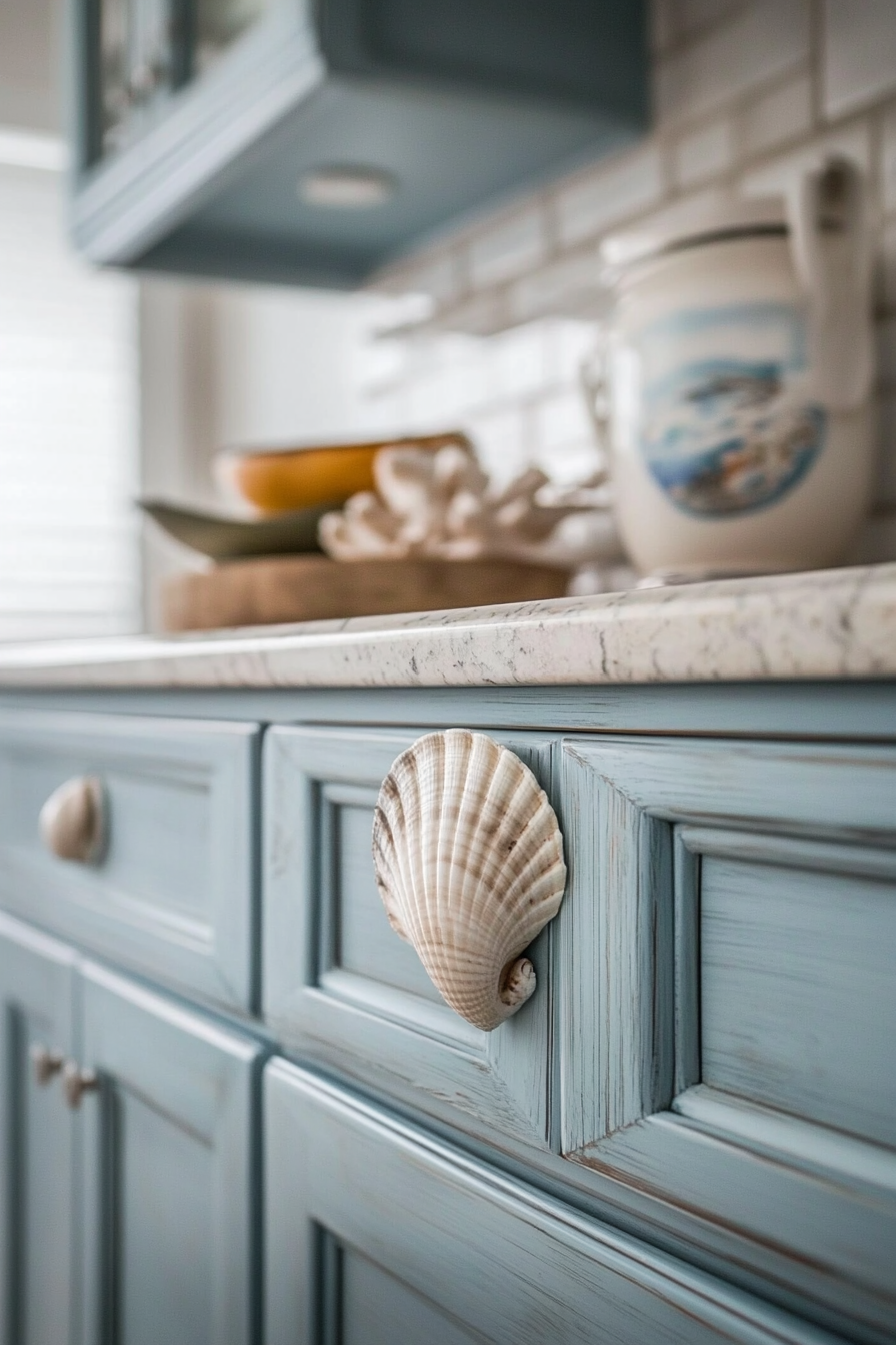 Coastal-themed kitchen. Vintage baby blue cabinets with rustic seashell handles.