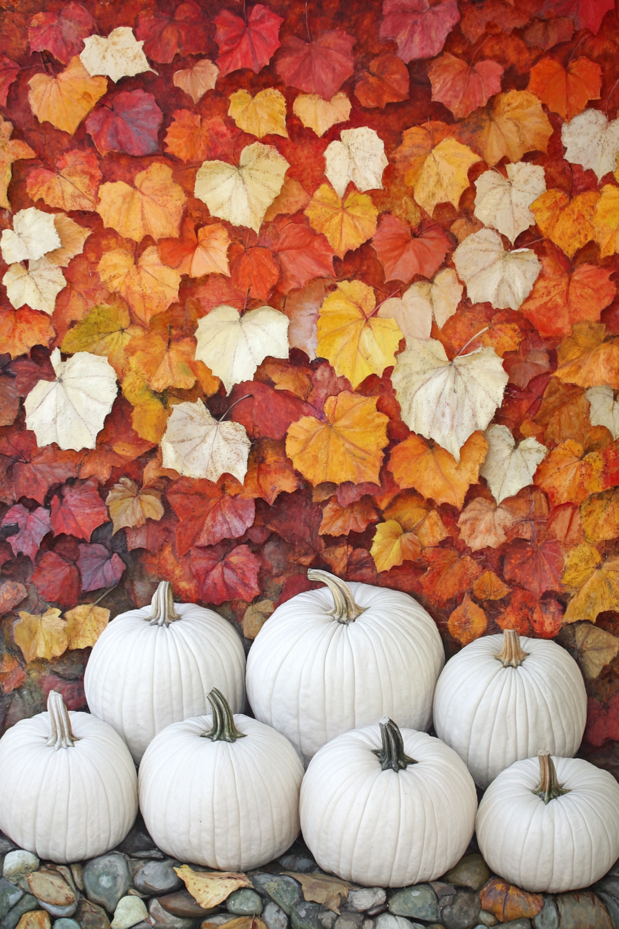 Fall porch. White pumpkins against a wall of vibrant autumn leaves.