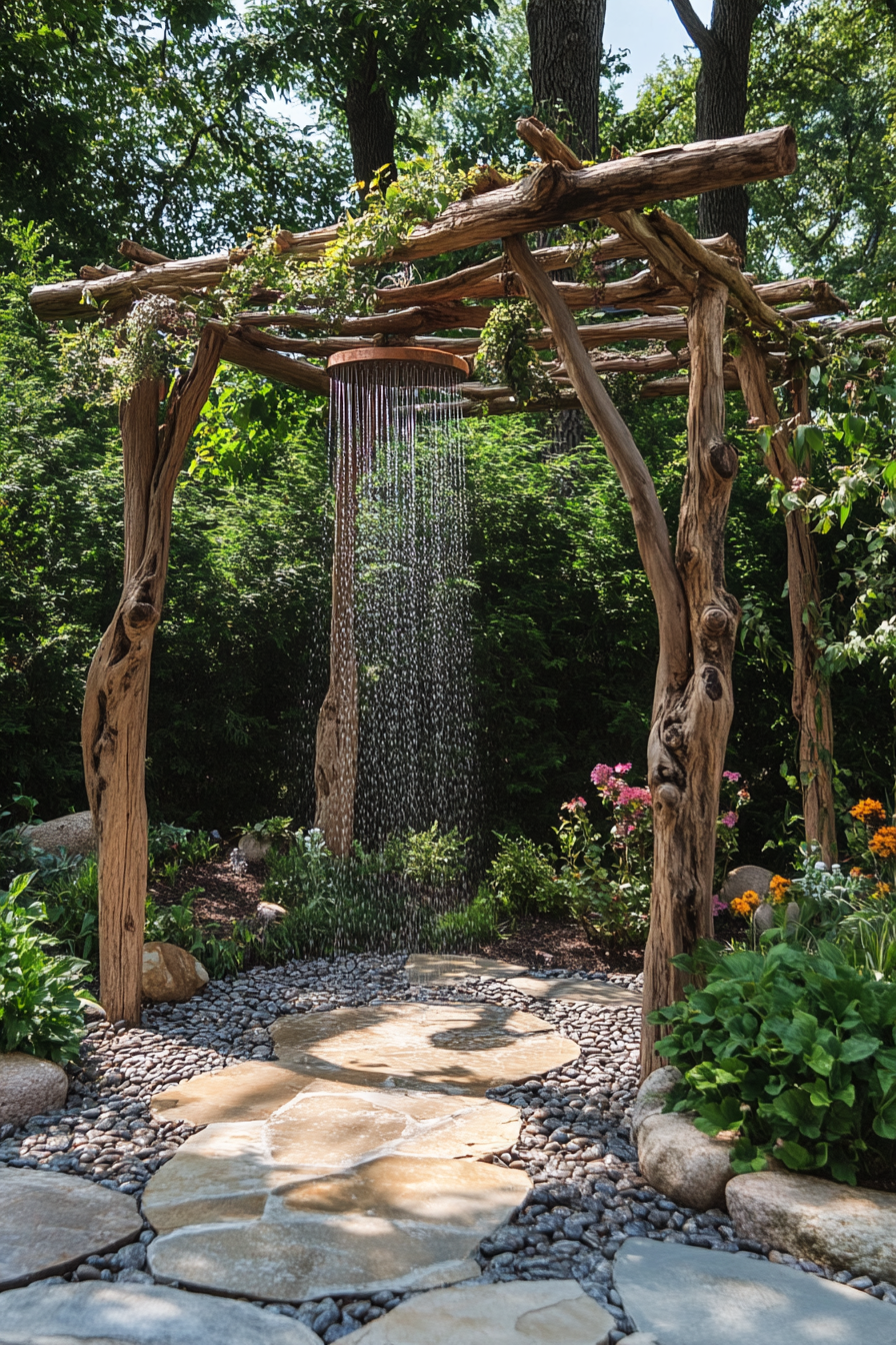 Outdoor shower setup. Driftwood framework with cobblestone flooring.