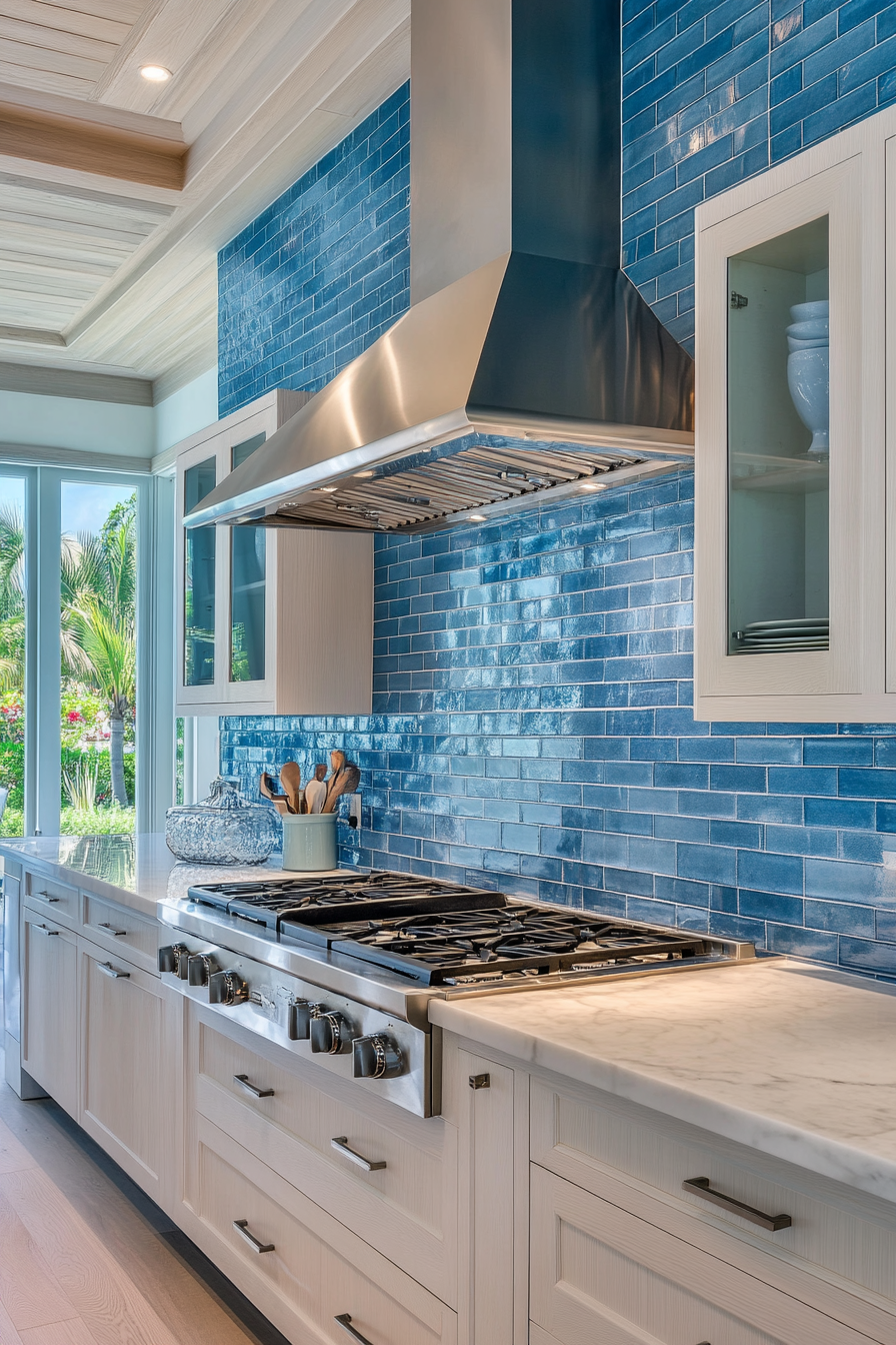 Modern coastal kitchen. Blue backsplash, white marble countertops.