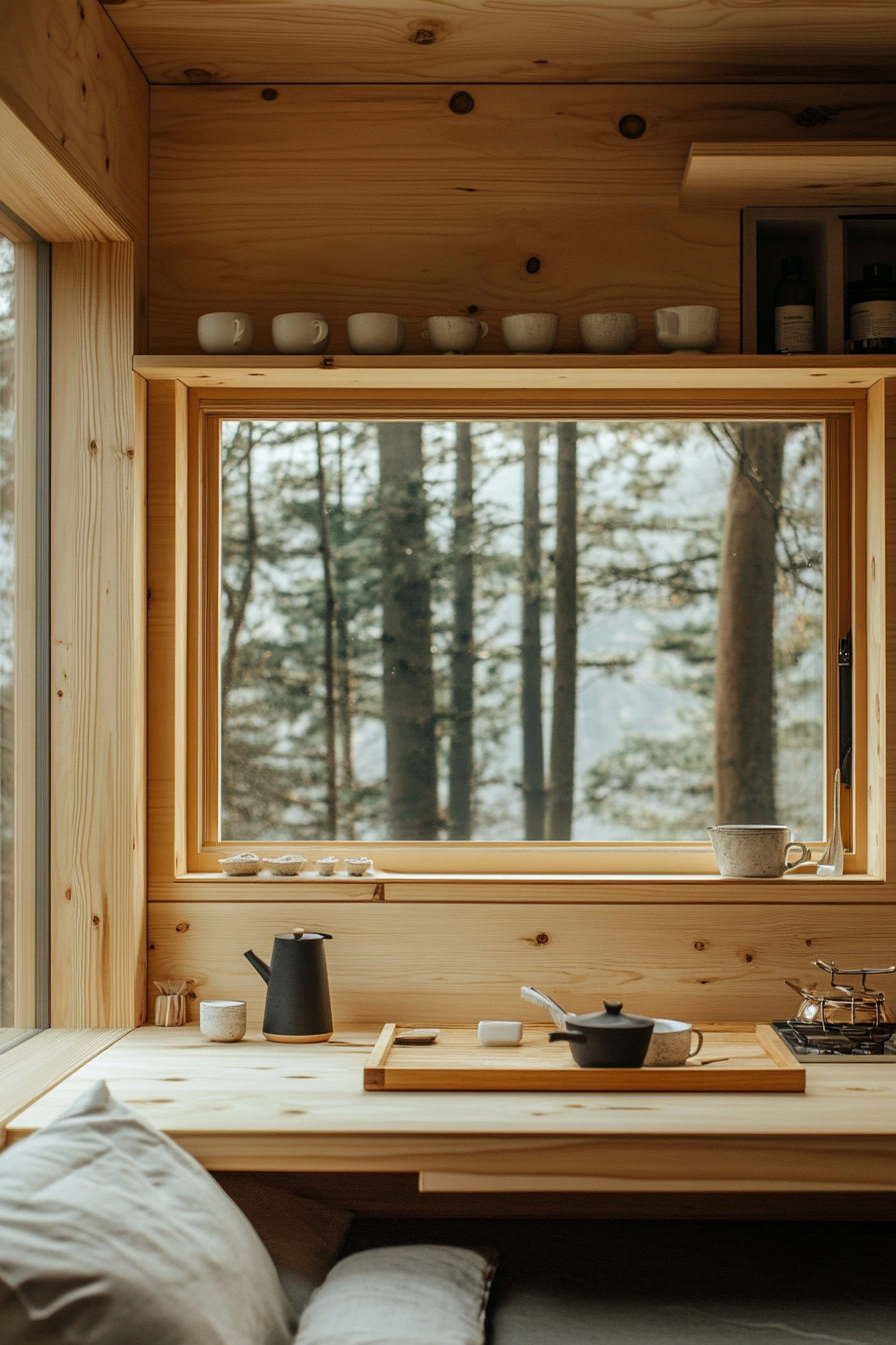 Tiny home interior. Light wooden surfaces with simple Japanese tea-serving tray.