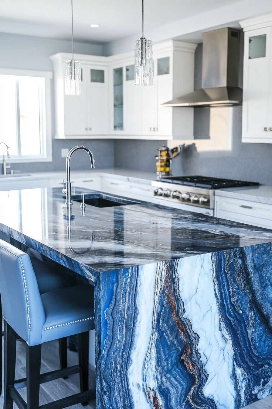 Modern kitchen. Blue marble countertop with white cabinets.