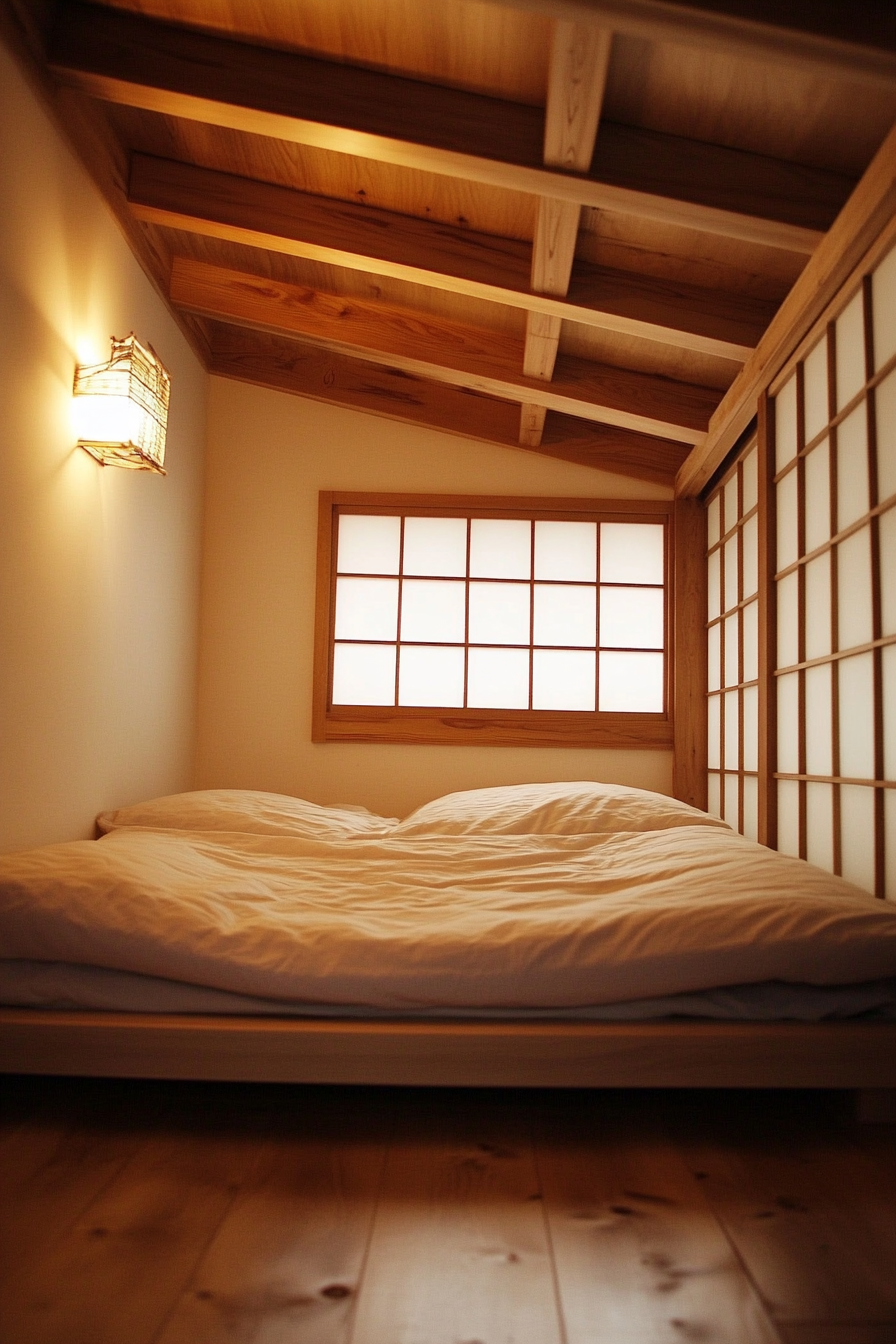 Tiny home interior. Low platform bed with minimalist Shoji screens.