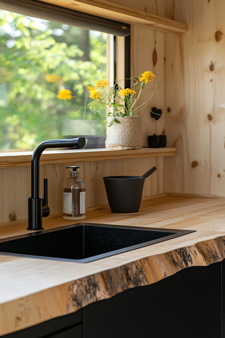 Tiny home interior. Birchwood kitchen counter with matte-black ofuro.