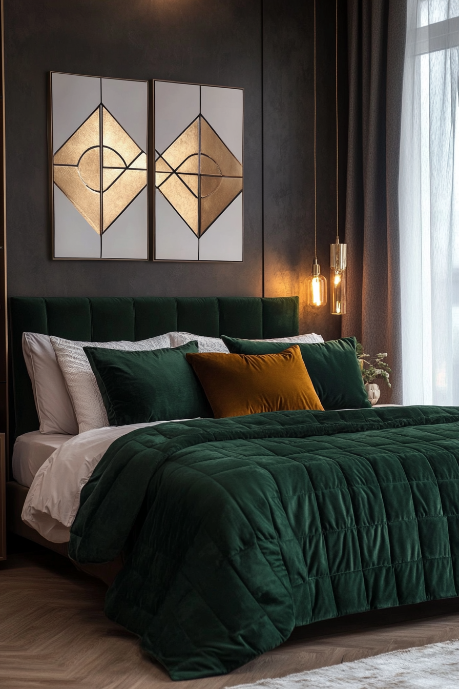 Fall Bedroom. Art Deco-rustic style with forest green velvet duvet and bronze geometric wall art.