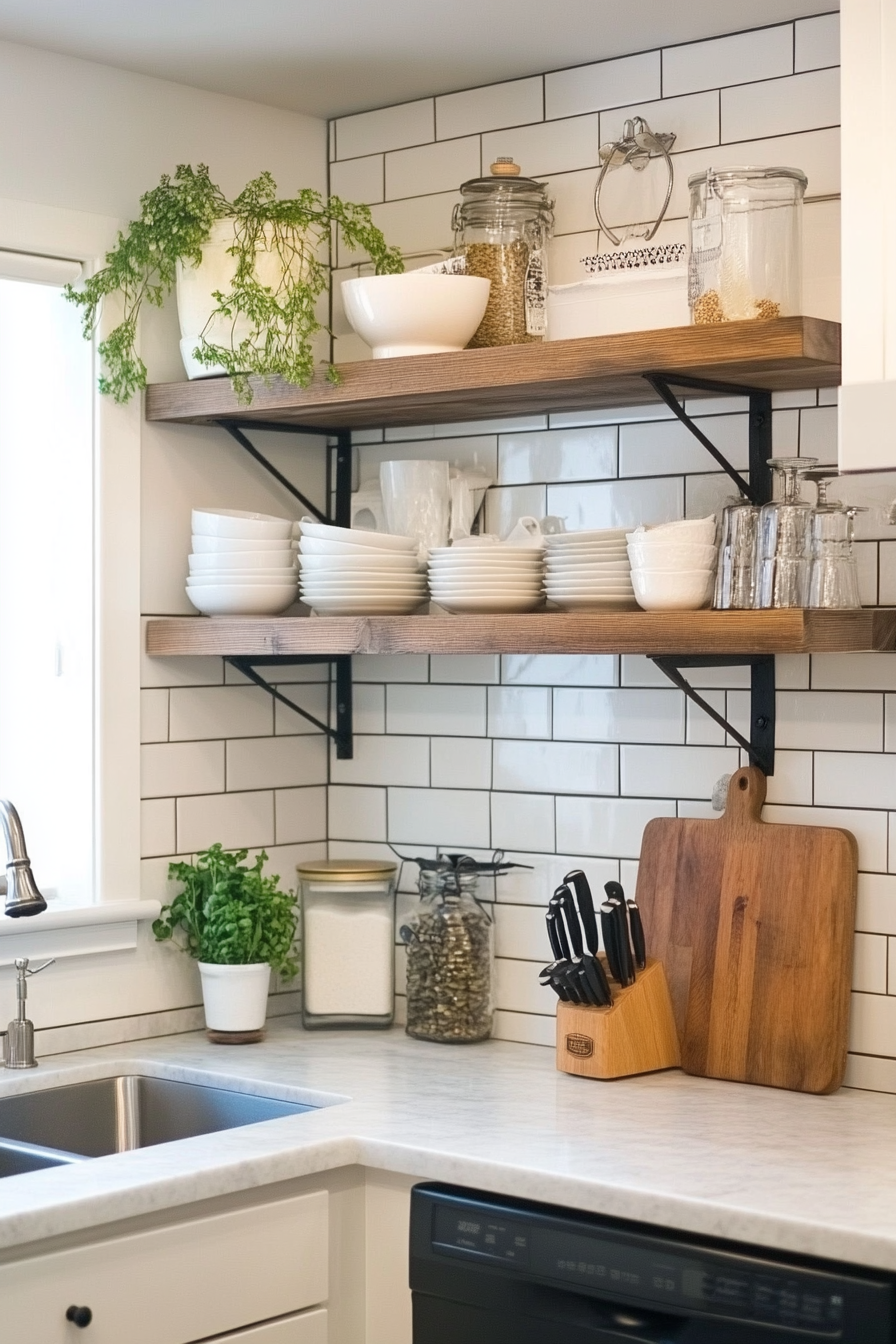 Small apartment storage idea. Wall-mounted floating shelves in kitchen.