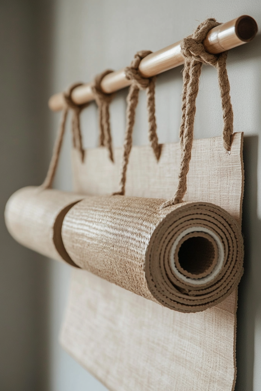 Japandi home yoga studio. Hanging bamboo wall rack with rolled-up natural harmony yoga mats.