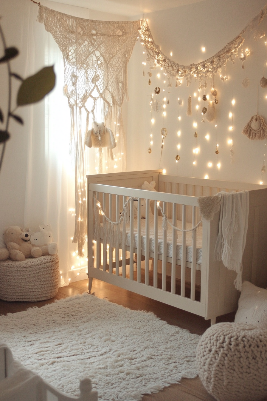 Bohemian Whimsical nursery. Hanging macrame with warmly glowing fairy lights.