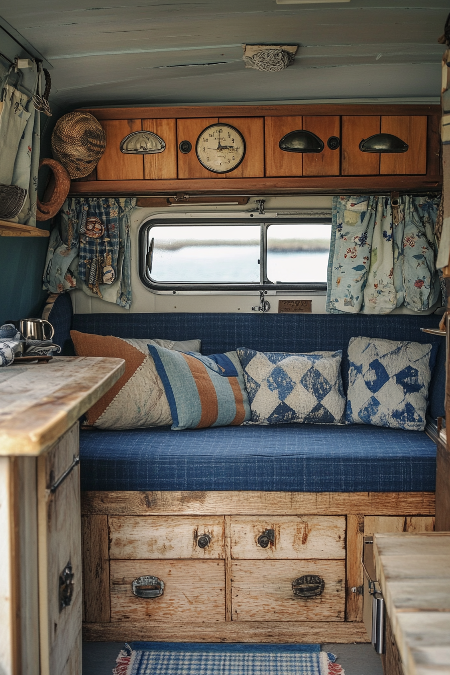 Coastal camper van interior. Driftwood-styled cupboards with blue nautical upholstery.