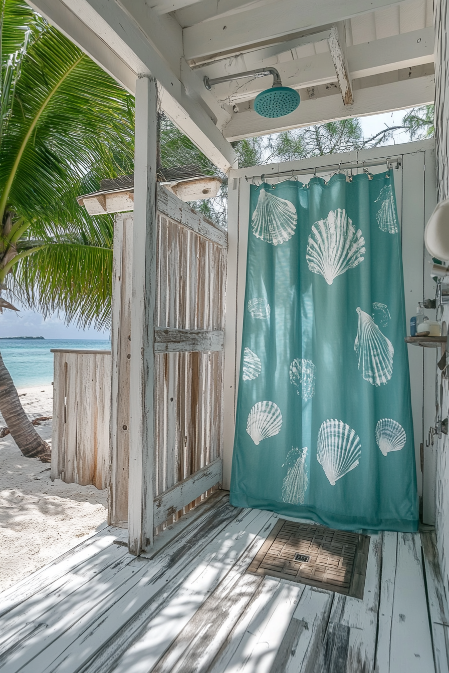 Outdoor shower setup. Whitewashed wood stall with seashell embossed aqua shower curtain.