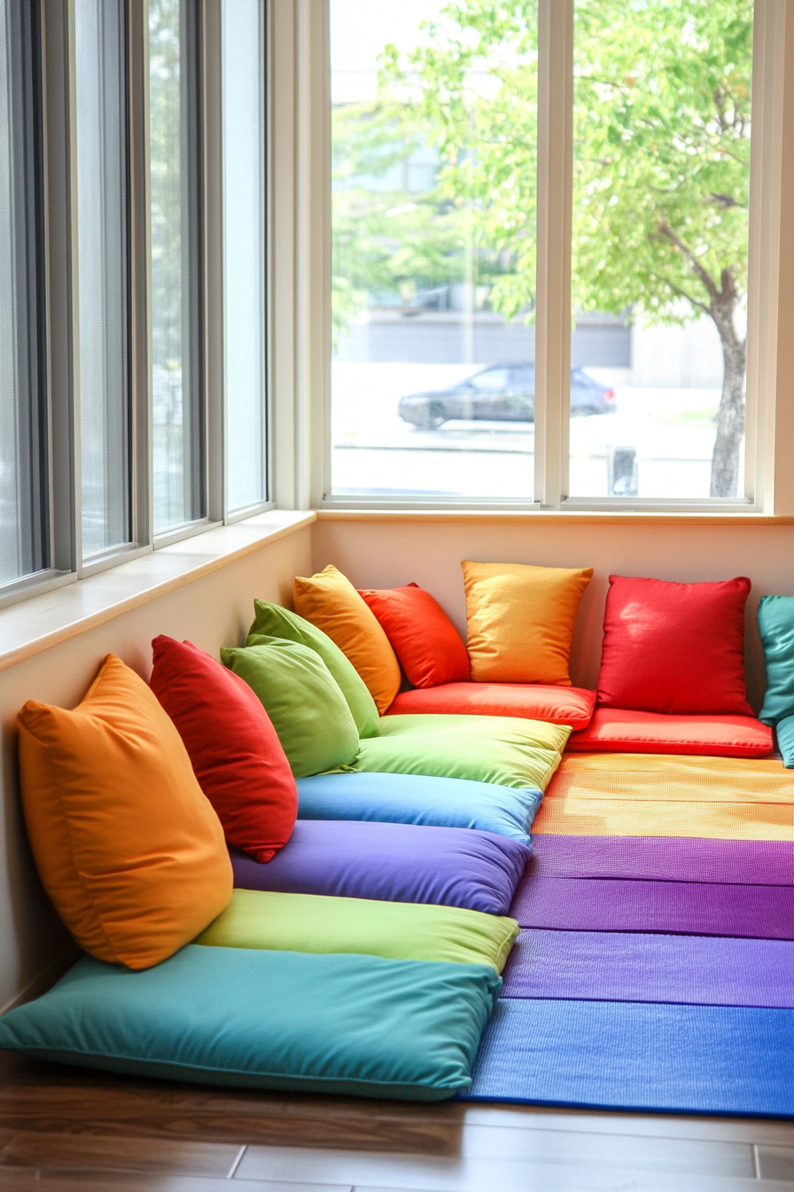 Kids' yoga area. Colorful Montessori bolsters in the compact corner.