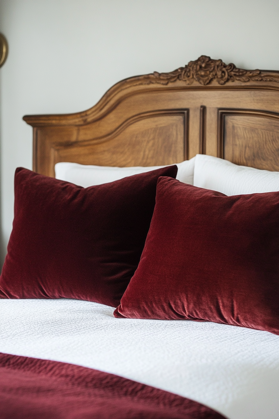 Fall bedroom. Velvet Marsala-colored accent pillows on oak wooden bed.