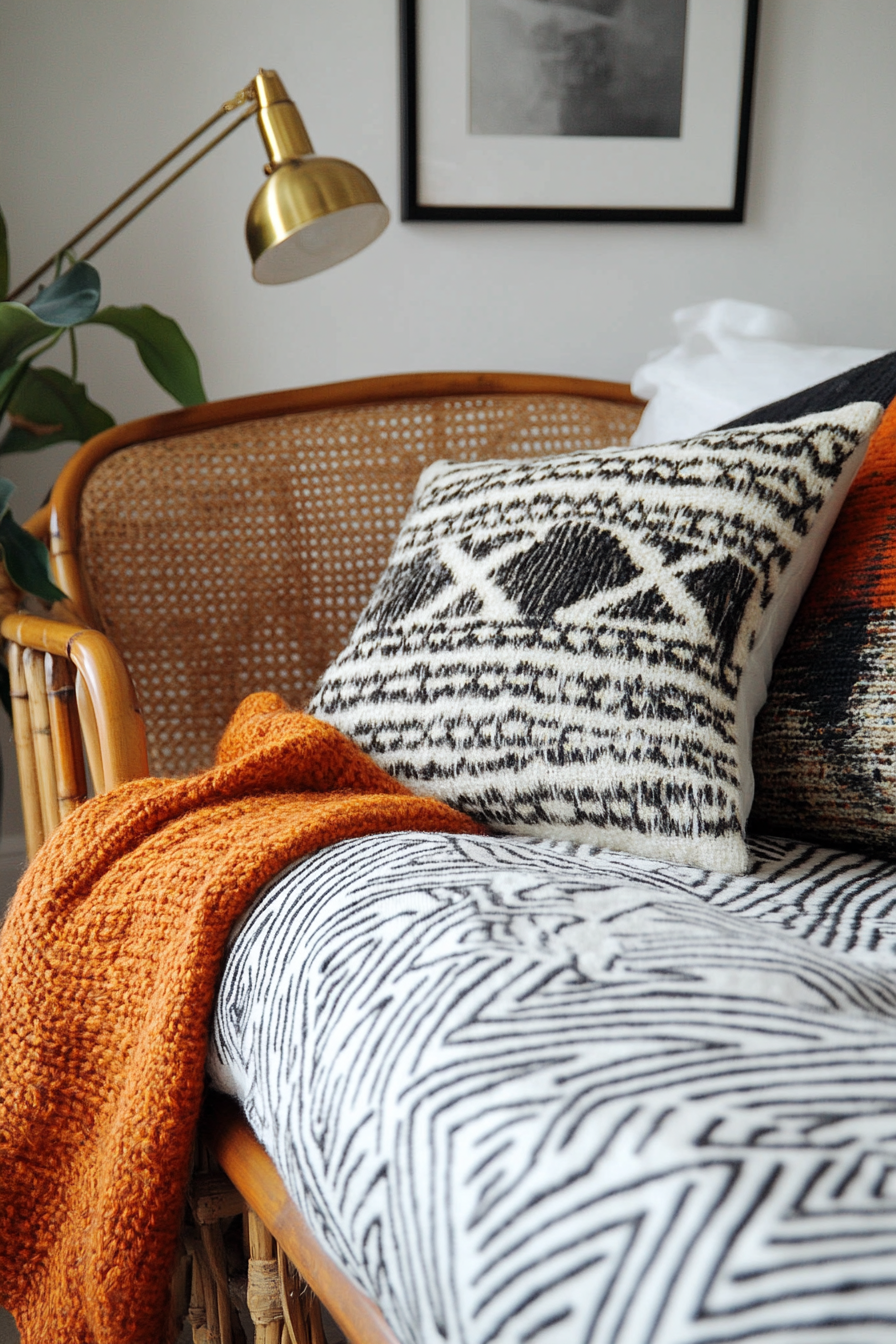 Fall bedroom. Basketwork chaise lounge, geometrical autumnal throw, brass lamp.