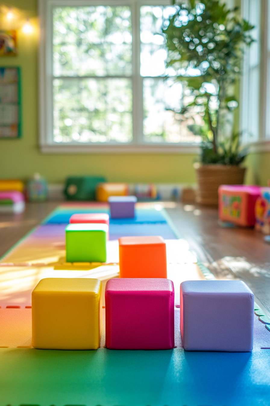 Compact kids' yoga area. Montessori floor mat with rainbow-color yoga blocks.