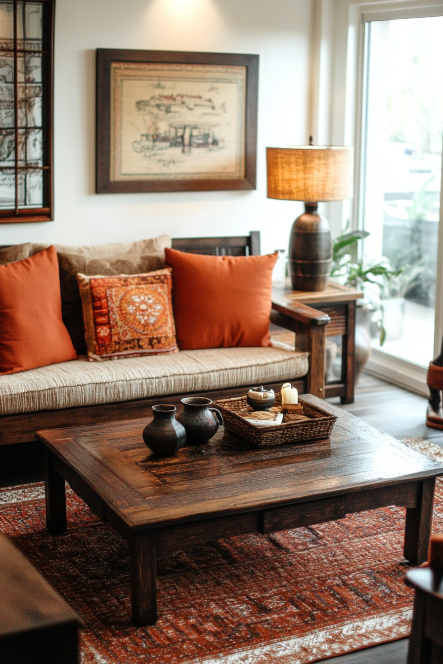 Japandi fall living room. Dark wood furniture with orange and burgundy accent pillows.