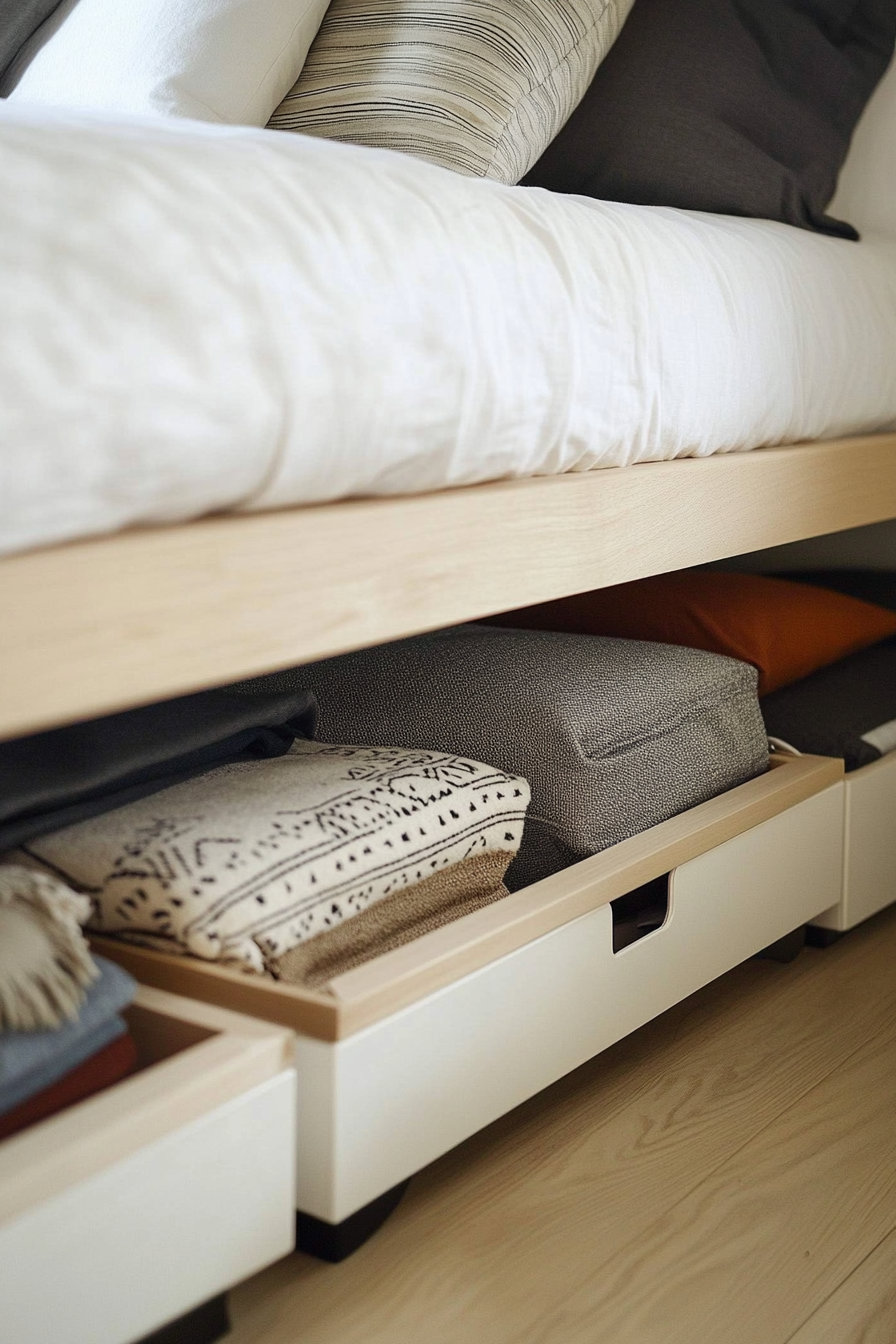 Small apartment storage idea. Under-bed storage boxes.