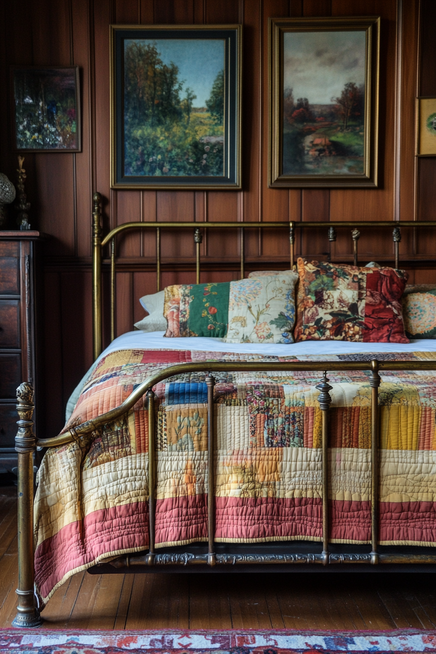 Fall bedroom. Brass bedframe with a decorative quilt in autumn colors.