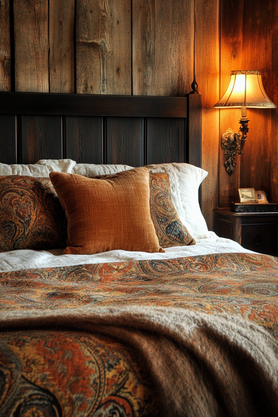 Fall bedroom. Bronze paisley bedspread and rustic woodwork, with Art Deco influences.