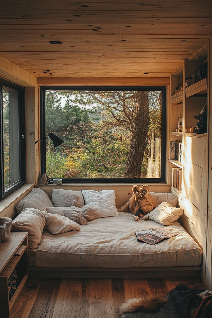 Tiny home interior. Low-lying furniture and neutral tones.