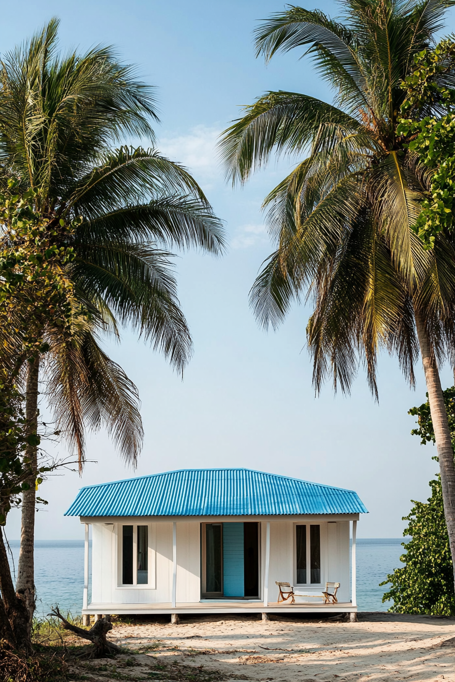 Compact beach house. White exterior, blue roof, shady palm trees, clear sky with panoramic sea view.