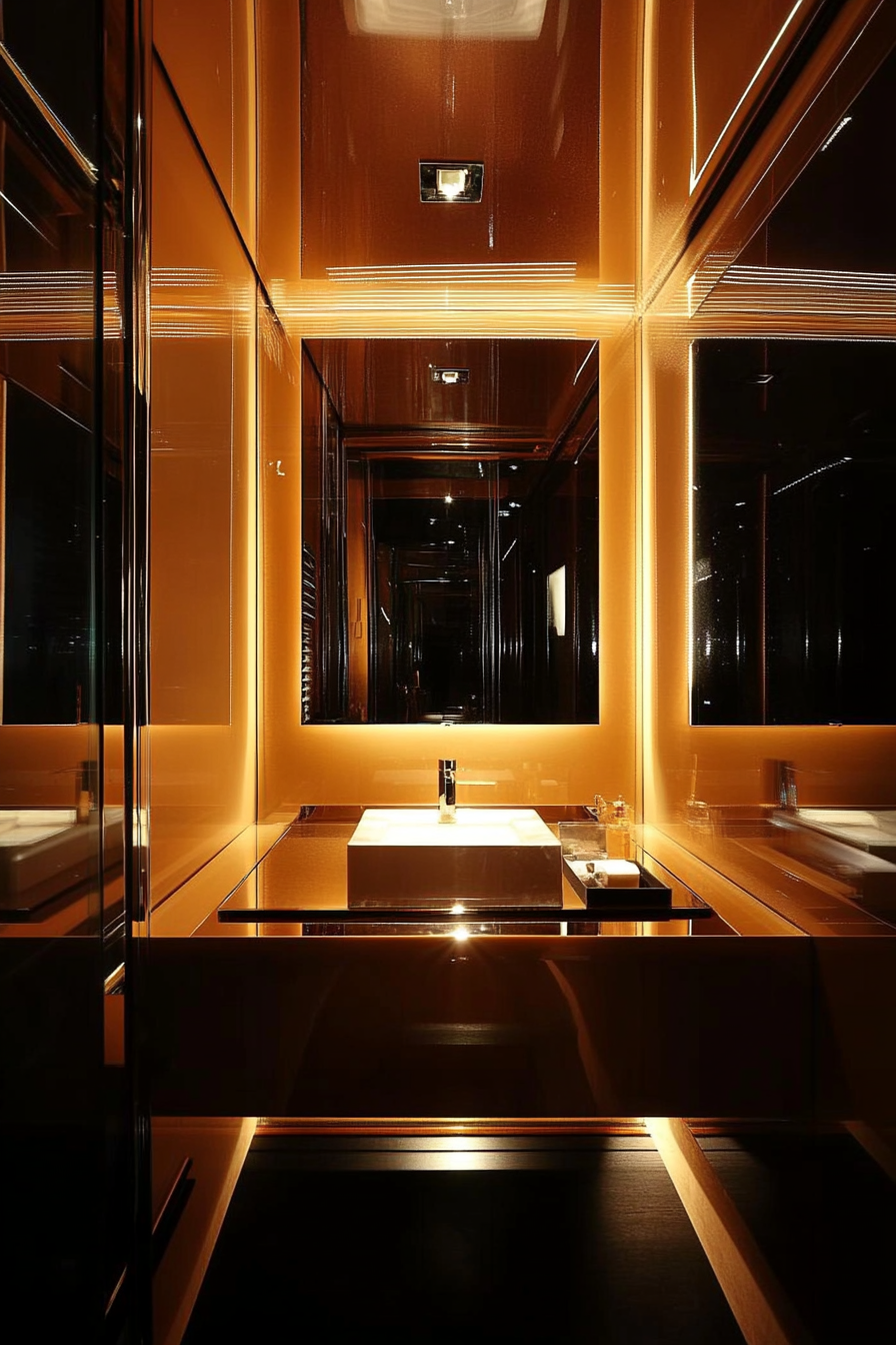 Small bathroom. Mirrored walls lit by dimmer-controlled recessed LED textbox lighting.