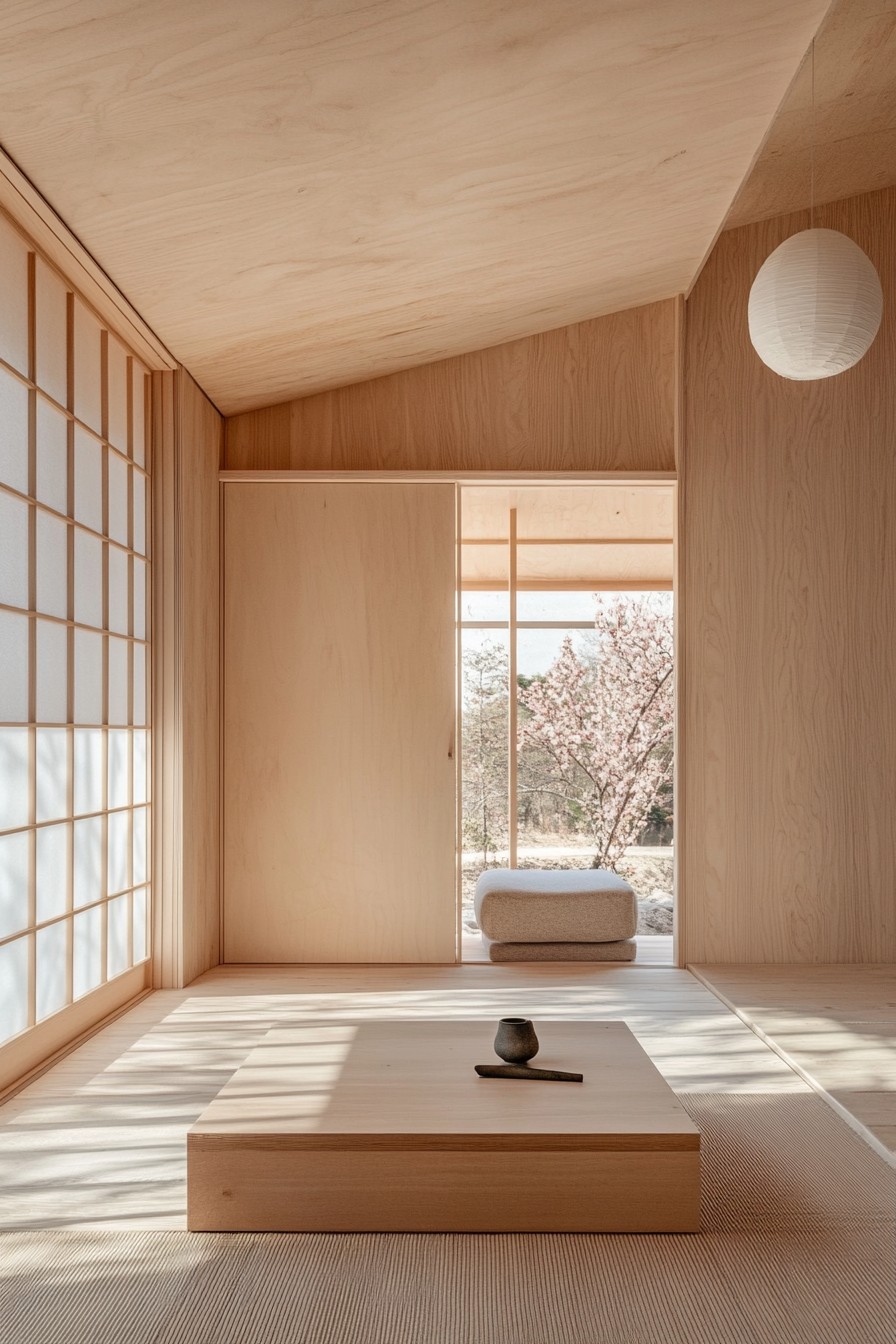 Tiny home interior. A Shoji screen in a minimalistic light timber room.