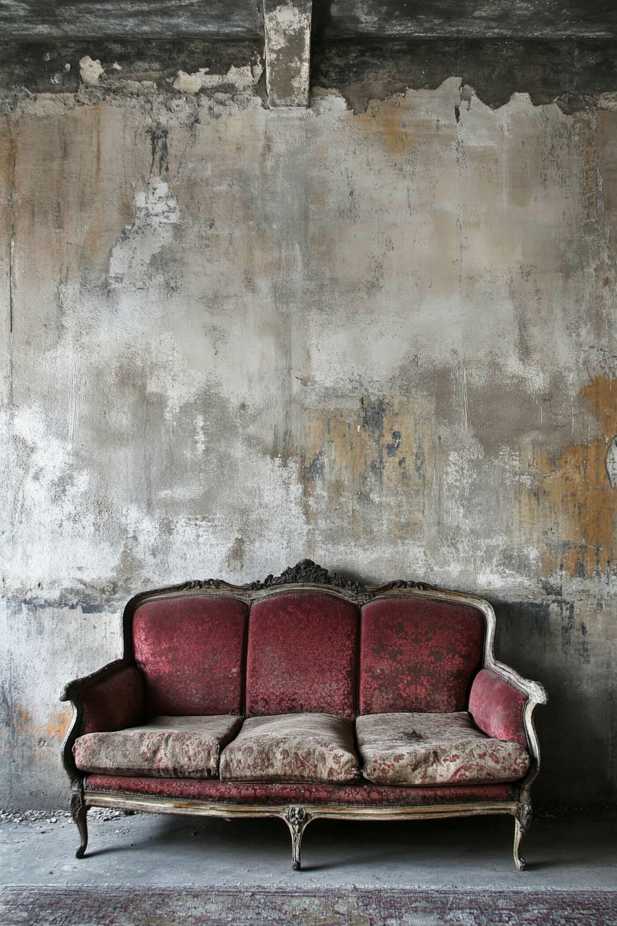 Living Room. Antique victorian sofa against a single-toned, concrete wall.